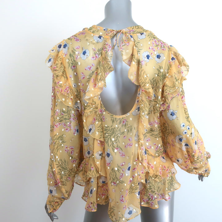 Isabel Marant Muster Ruffle Blouse Yellow Floral Print Size 40 Open-Back Top