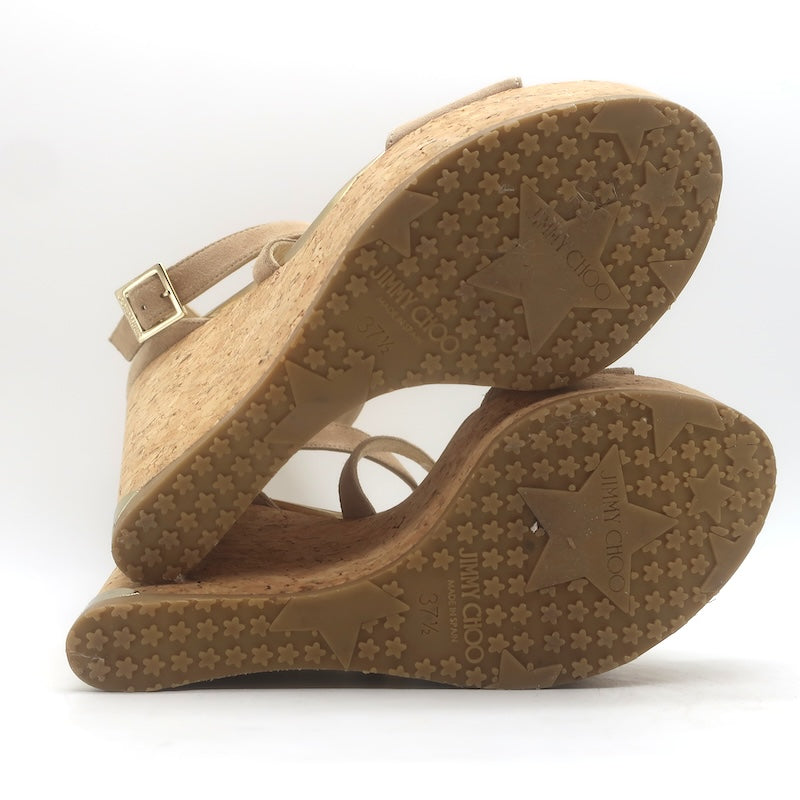 Jimmy Choo Portia Crisscross Cork Platform Wedge Sandals Beige Suede Size 37.5