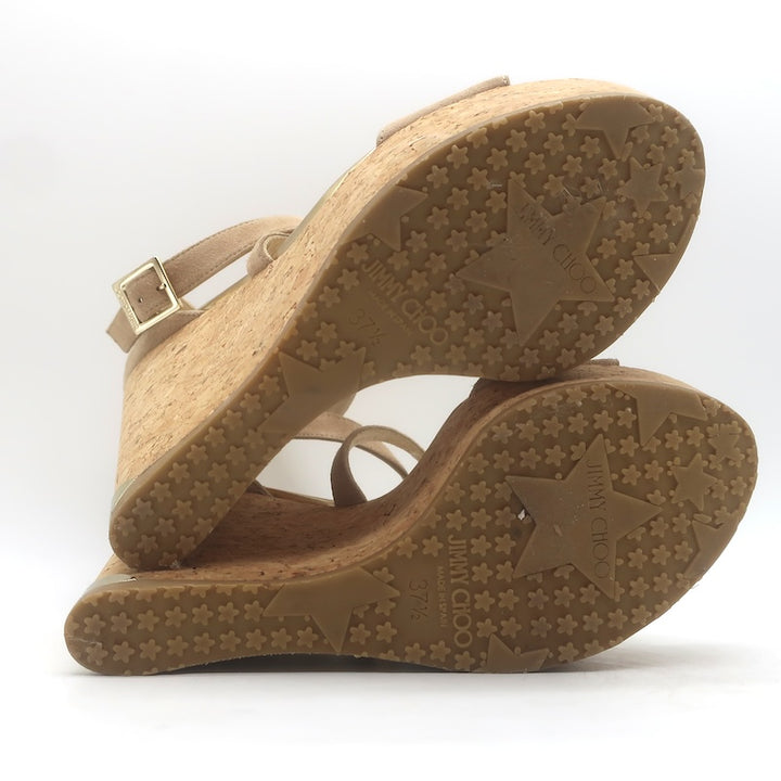 Jimmy Choo Portia Crisscross Cork Platform Wedge Sandals Beige Suede Size 37.5