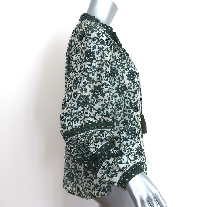 Veronica Beard Tassel Top Green Floral Print Size Large Long Sleeve Blouse