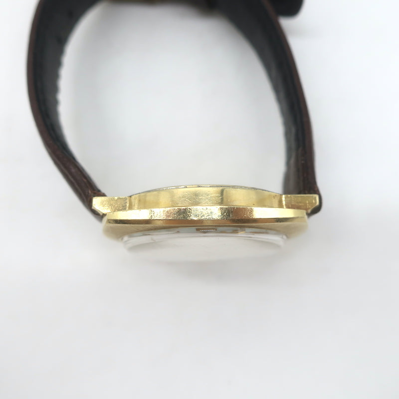 Vintage 1950s Bulova Accutron Day Date 14k Gold Watch with Brown Leather Band