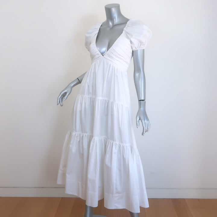 La Ligne Ina Puff Sleeve Tiered Midi Dress White Cotton Size Extra Small NEW