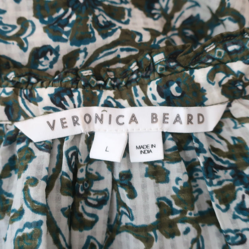 Veronica Beard Tassel Top Green Floral Print Size Large Long Sleeve Blouse