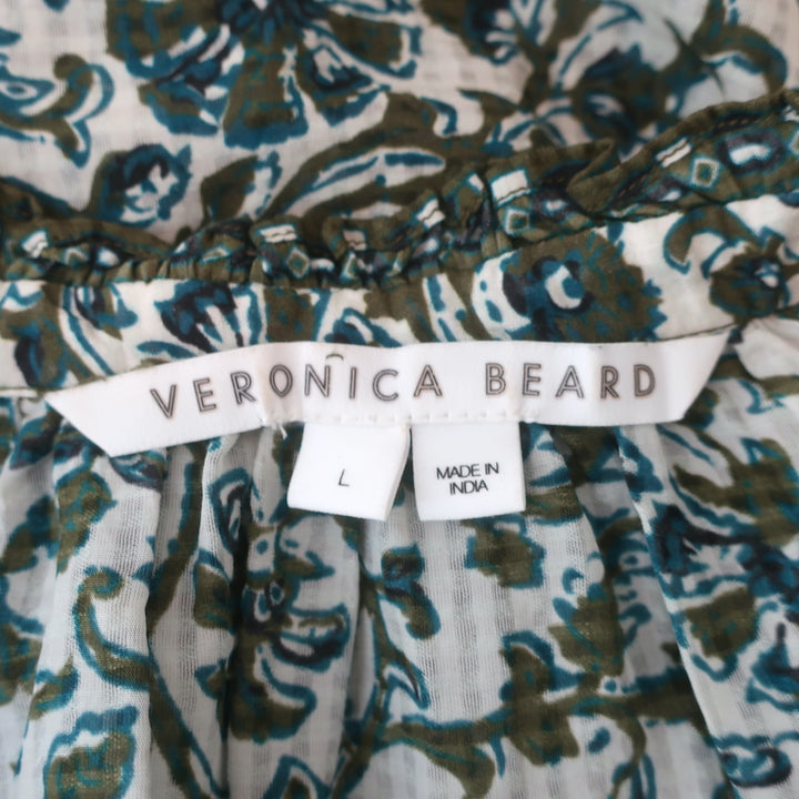 Veronica Beard Tassel Top Green Floral Print Size Large Long Sleeve Blouse