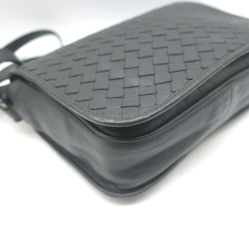 Bottega Veneta Woven Flap Small Crossbody Bag Charcoal Intrecciato Leather