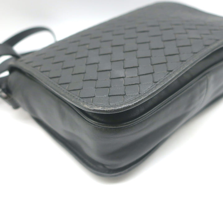 Bottega Veneta Woven Flap Small Crossbody Bag Charcoal Intrecciato Leather
