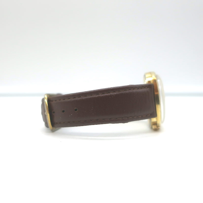 Vintage 1950s Bulova Accutron Day Date 14k Gold Watch with Brown Leather Band