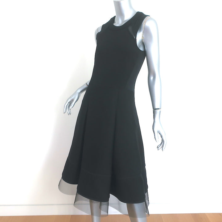 Donna Karan Sleeveless Midi Dress Black Tulle-Trimmed Sculpted Jersey Size 8