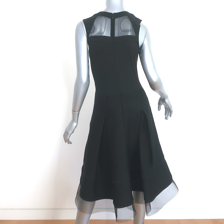 Donna Karan Sleeveless Midi Dress Black Tulle-Trimmed Sculpted Jersey Size 8