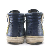 Golden Goose Slide High Top Sneakers Navy Suede & Croc-Embossed Leather Size 39