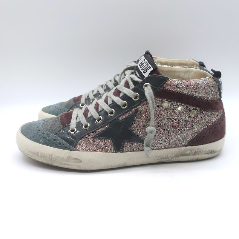 Golden Goose Mid Star Glitter Sneakers Purple/Gray Suede Size 40