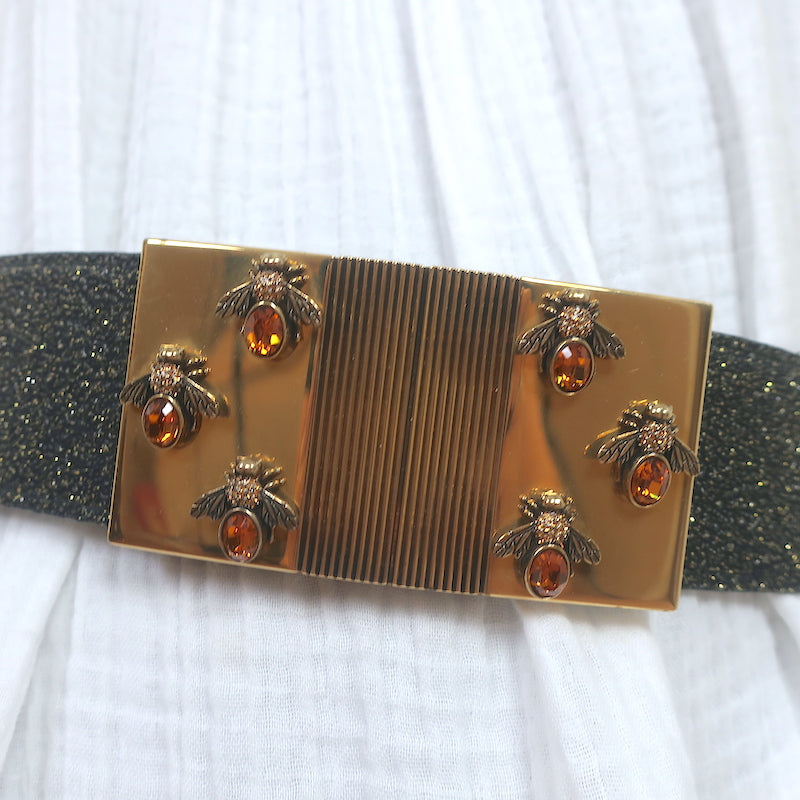 Alexander McQueen Bee Plaque Belt Black/Gold Glitter Leather Size 75 US 30