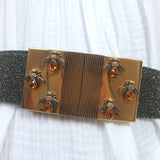 Alexander McQueen Bee Plaque Belt Black/Gold Glitter Leather Size 75 US 30