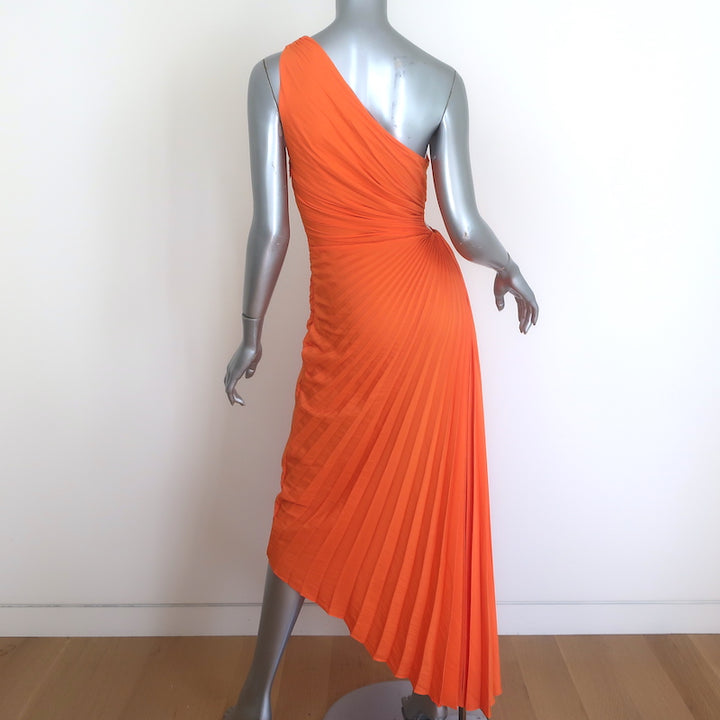 A.L.C. Delfina pleated one-shoulder cutout midi dress in vibrant orange, pre-owned luxury size 2