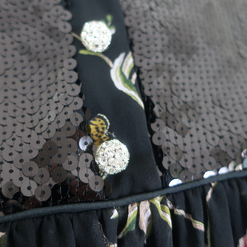 Giambattista Valli Sequined Yoke Blouse Black Floral Print Silk Size 42 NEW