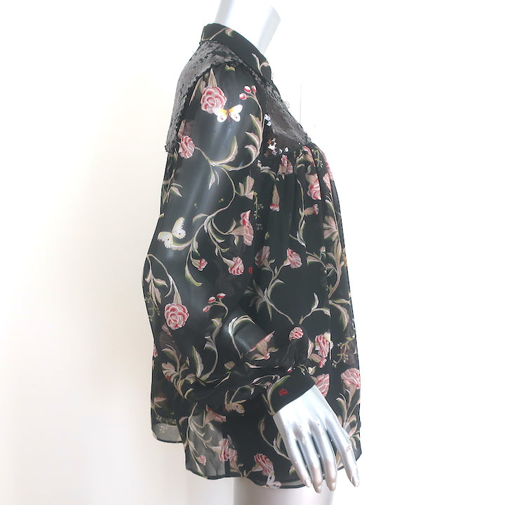 Giambattista Valli Sequined Yoke Blouse Black Floral Print Silk Size 42 NEW