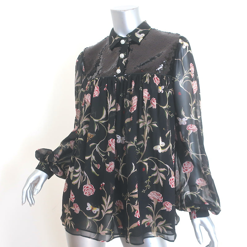 Giambattista Valli Sequined Yoke Blouse Black Floral Print Silk Size 42 NEW