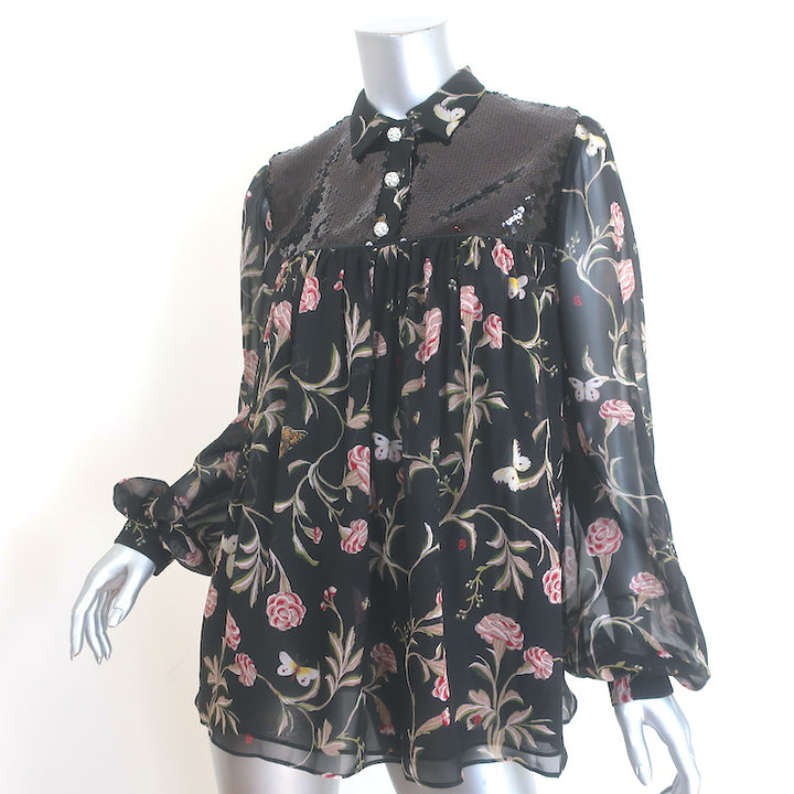 Giambattista Valli Sequined Yoke Blouse Black Floral Print Silk Size 42 NEW