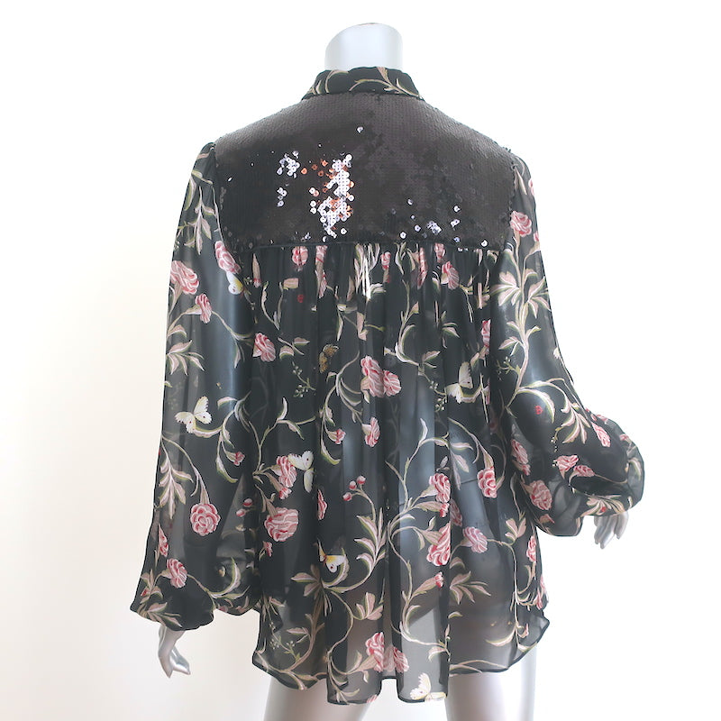 Giambattista Valli Sequined Yoke Blouse Black Floral Print Silk Size 42 NEW