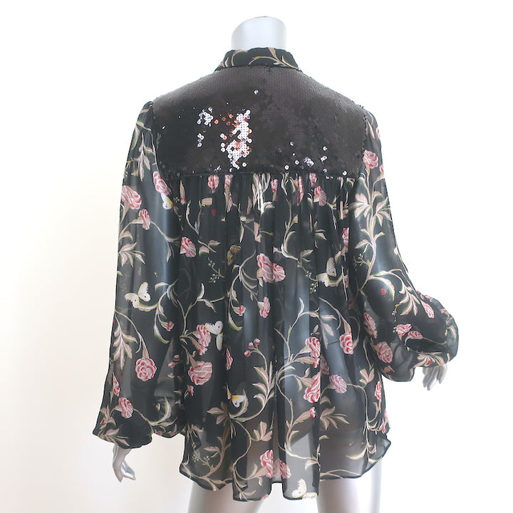 Giambattista Valli Sequined Yoke Blouse Black Floral Print Silk Size 42 NEW