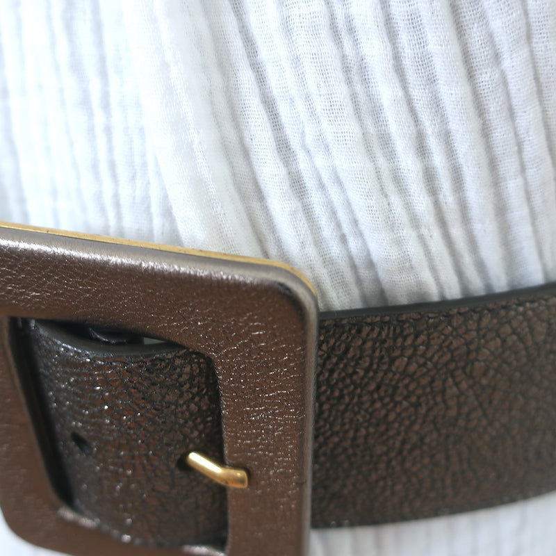 Yves Saint Laurent Wide Waist Belt Pewter Metallic Leather Size 75 US 30