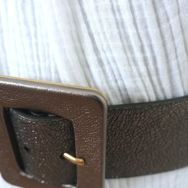 Yves Saint Laurent Wide Waist Belt Pewter Metallic Leather Size 75 US 30