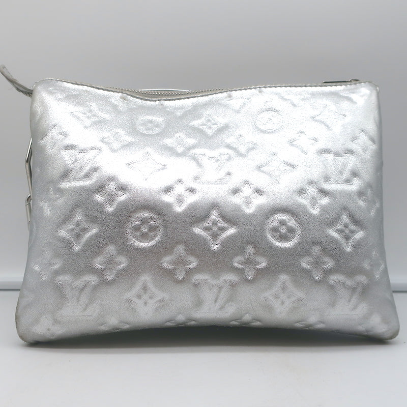 Louis Vuitton Coussin PM Shoulder Bag Silver Monogram Embossed Leather Crossbody