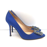 Manolo Blahnik Hangisi 105 Crystal-Buckle Pumps Royal Blue Satin Size 38