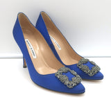 Manolo Blahnik Hangisi 105 Crystal-Buckle Pumps Royal Blue Satin Size 38