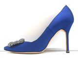 Manolo Blahnik Hangisi 105 Crystal-Buckle Pumps Royal Blue Satin Size 38