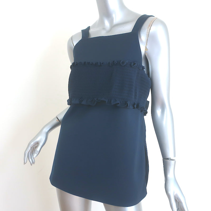 Tibi Smocked Tank Top Navy Stretch Crepe Size 8 Open-Back Sleeveless Blouse NEW