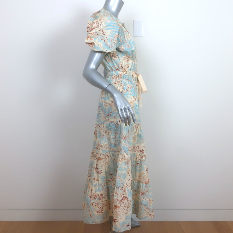 Ulla Johnson Olina Puff Sleeve Tiered Midi Dress Blue/Cream Cotton Size 4