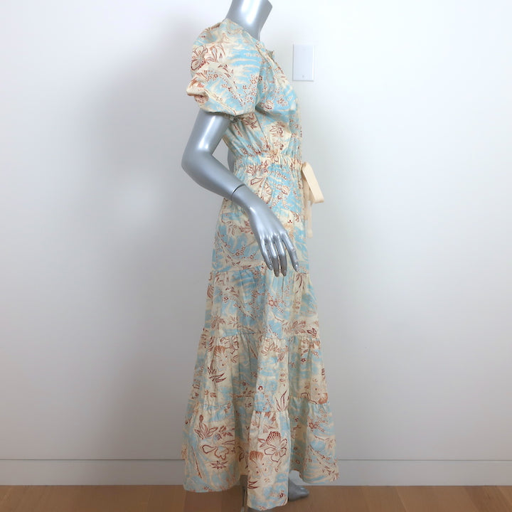 Ulla Johnson Olina Puff Sleeve Tiered Midi Dress Blue/Cream Cotton Size 4