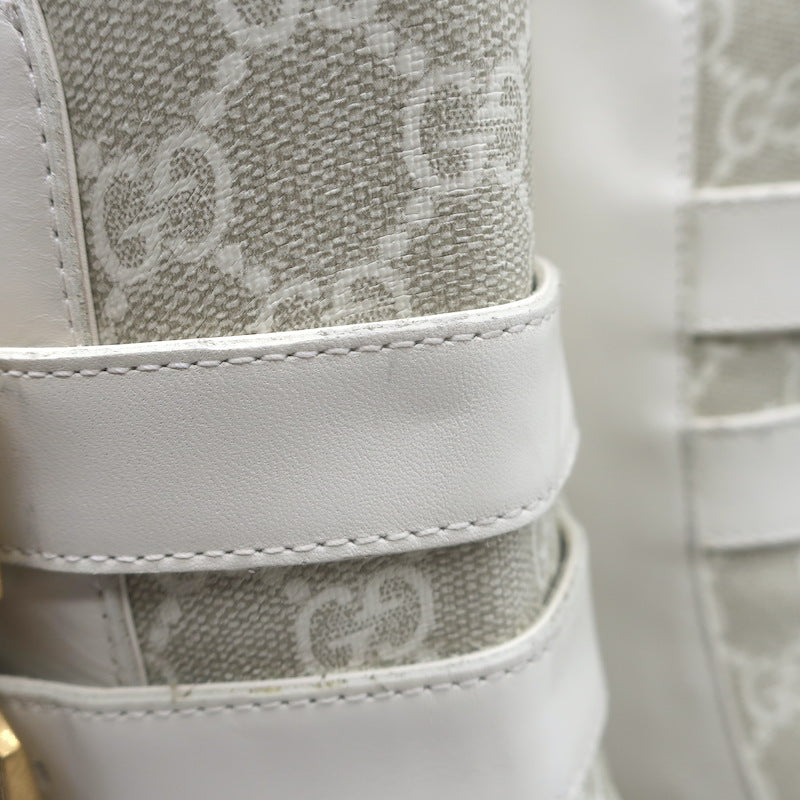 Gucci Kensington GG Supreme Crystal Buckle Boots Cream Canvas &amp; Leather Size 40