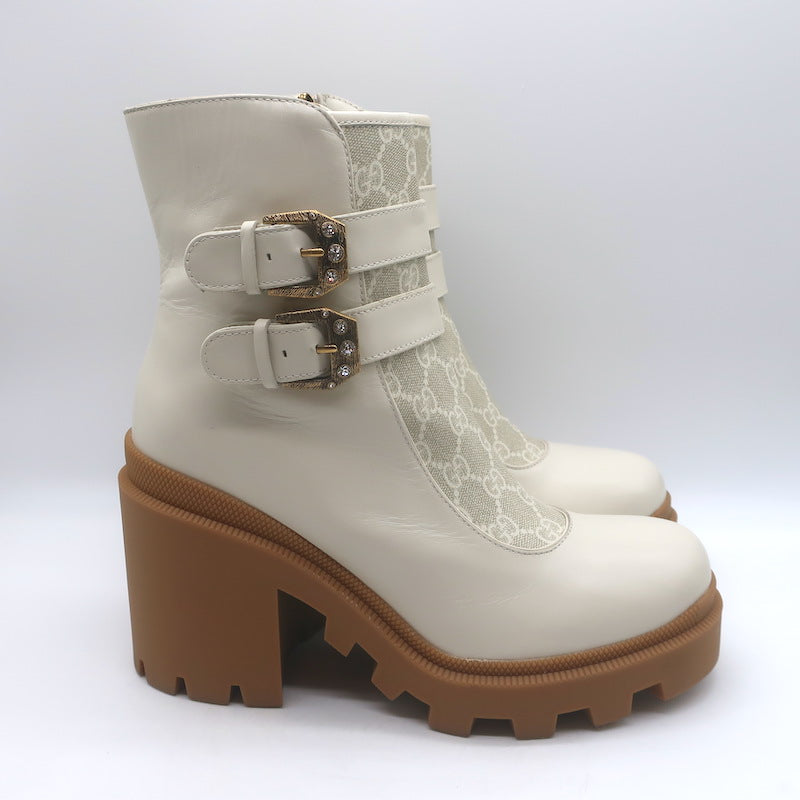 Gucci Kensington GG Supreme Crystal Buckle Boots Cream Canvas &amp; Leather Size 40