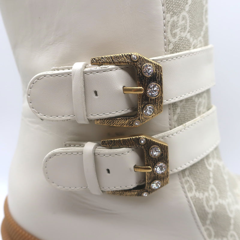 Gucci Kensington GG Supreme Crystal Buckle Boots Cream Canvas &amp; Leather Size 40