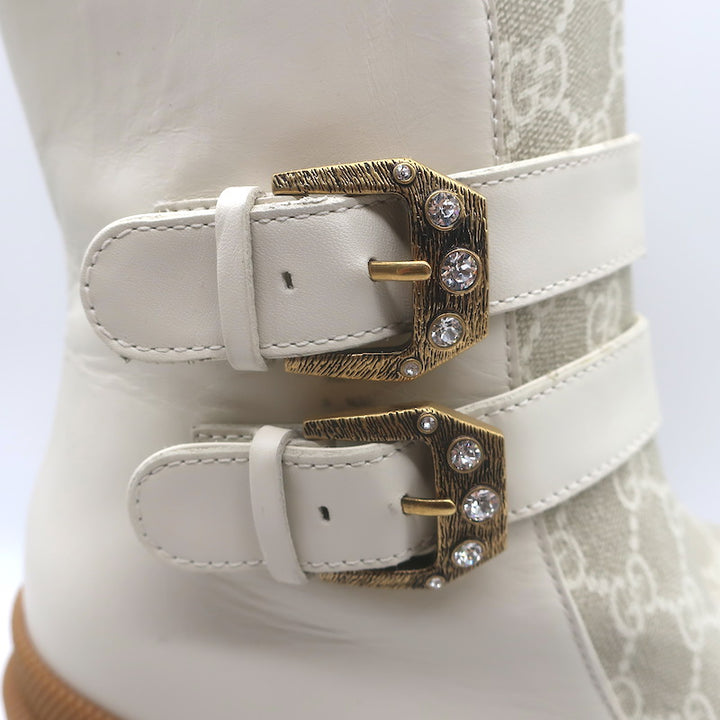 Gucci Kensington GG Supreme Crystal Buckle Boots Cream Canvas &amp; Leather Size 40