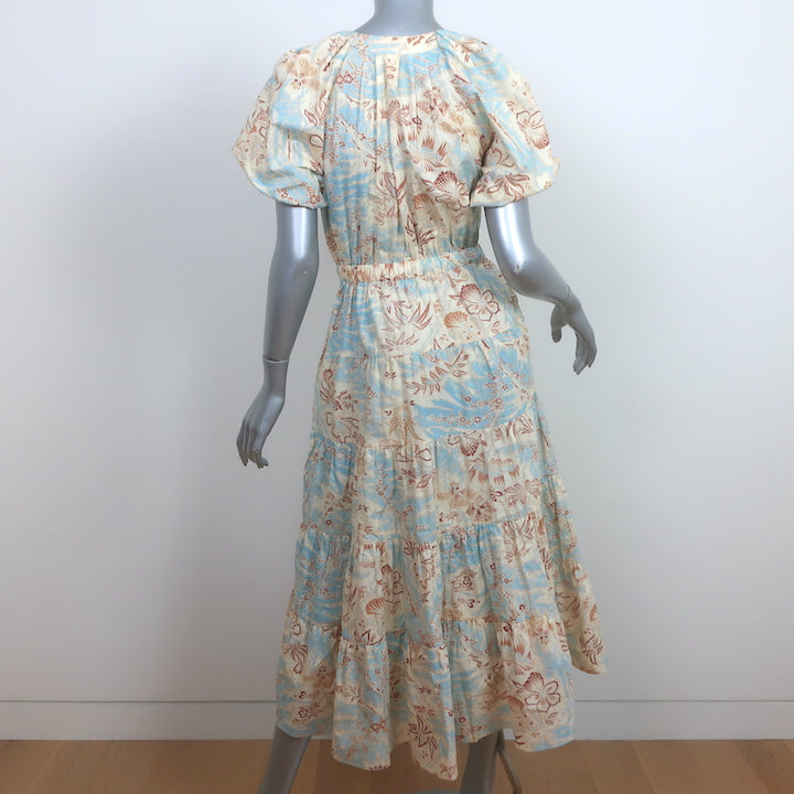 Ulla Johnson Olina Puff Sleeve Tiered Midi Dress Blue/Cream Cotton Size 4