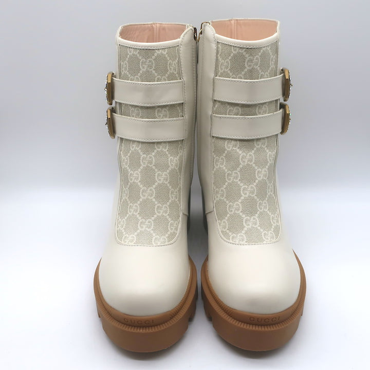 Gucci Kensington GG Supreme Crystal Buckle Boots Cream Canvas &amp; Leather Size 40