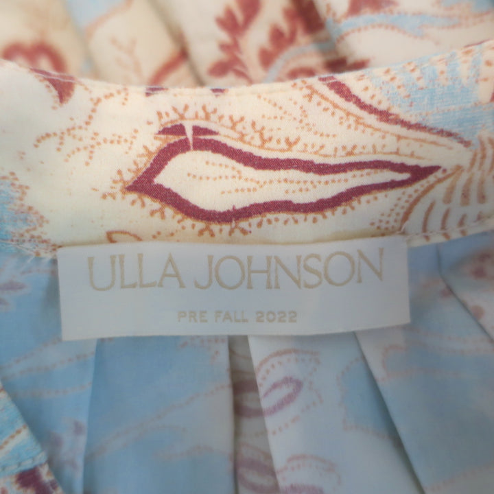 Ulla Johnson Olina Puff Sleeve Tiered Midi Dress Blue/Cream Cotton Size 4