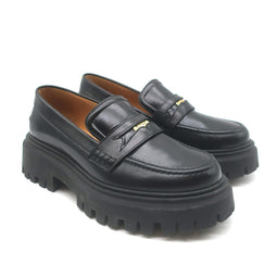 Maje Medallion Platform Penny Loafers Black Leather Size 39