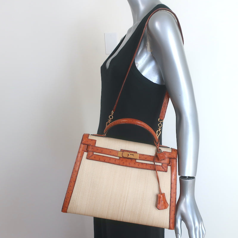 Vintage Hermes Kelly 32 Bag Crinoline Horse Hair &amp; Gold Ostrich Gold Hardware