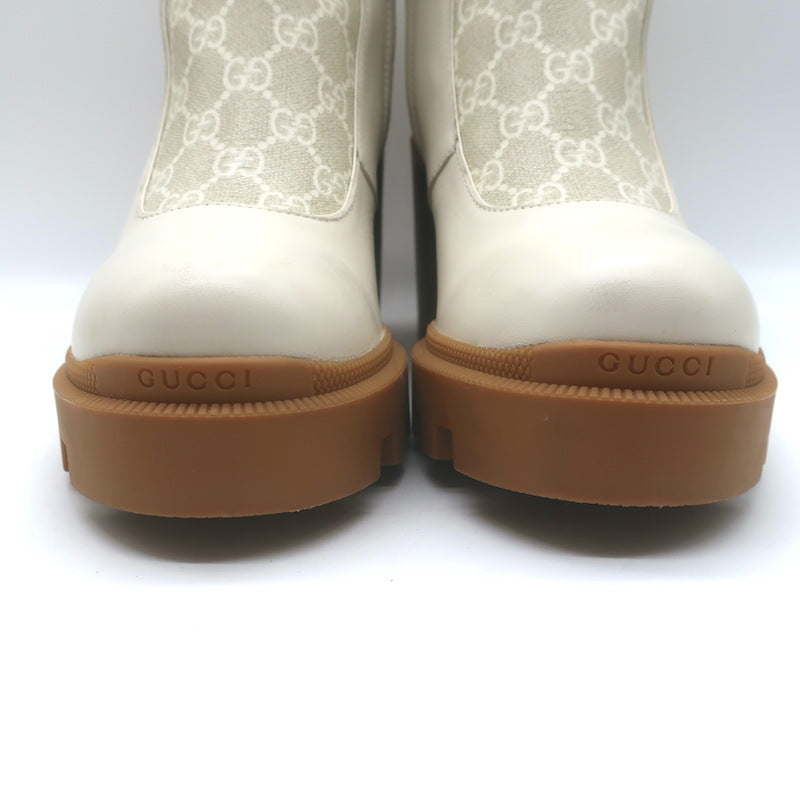 Gucci Kensington GG Supreme Crystal Buckle Boots Cream Canvas &amp; Leather Size 40