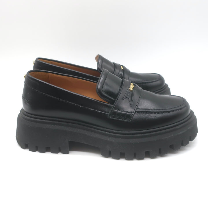Maje Medallion Platform Penny Loafers Black Leather Size 39