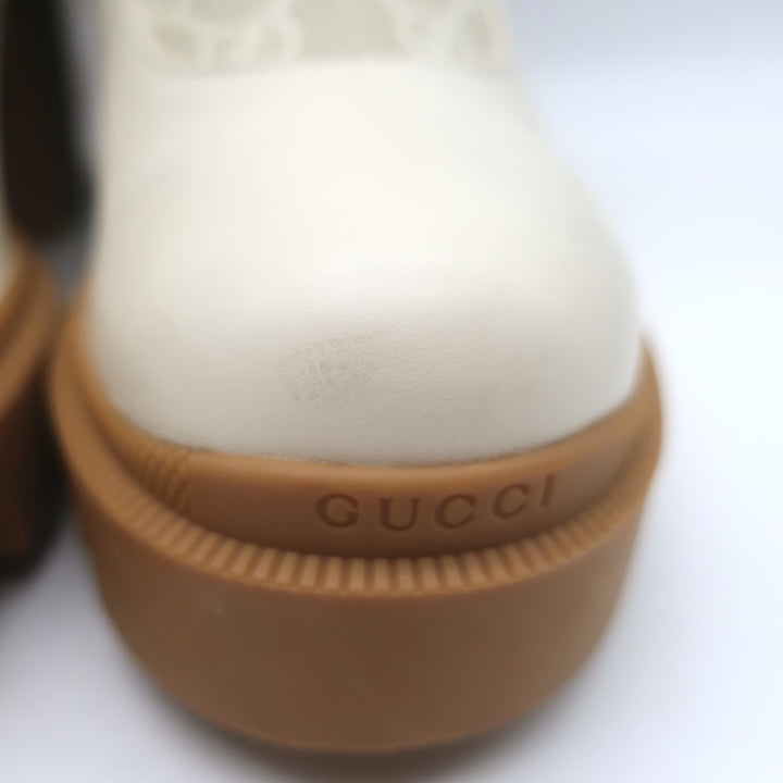 Gucci Kensington GG Supreme Crystal Buckle Boots Cream Canvas &amp; Leather Size 40