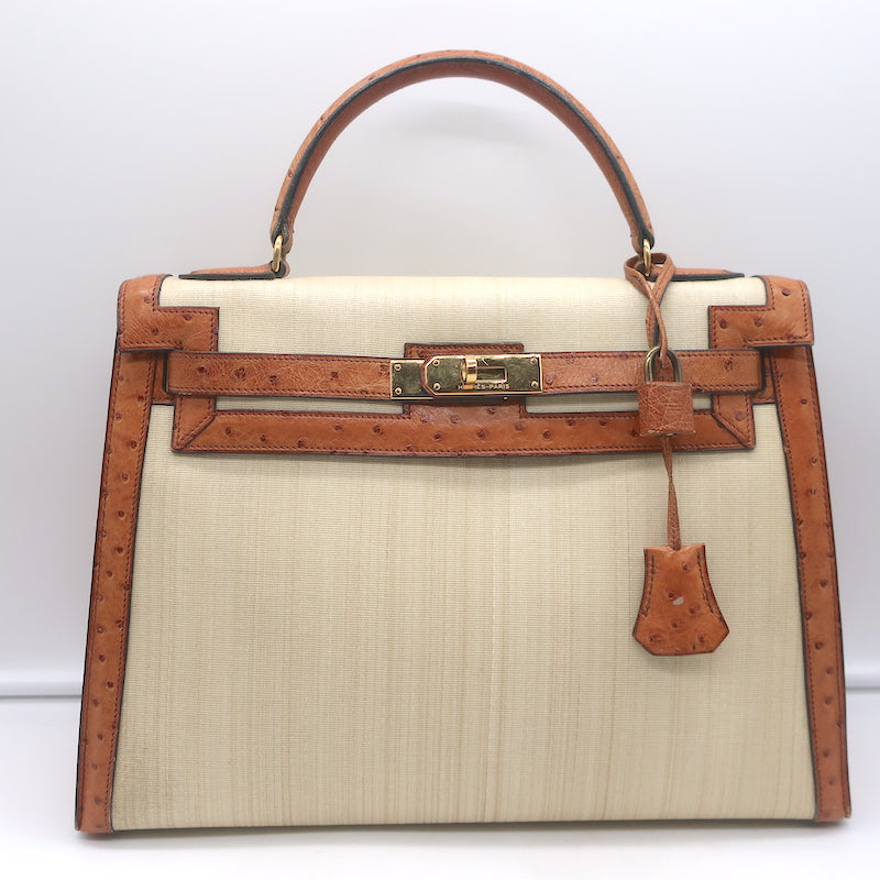 Vintage Hermes Kelly 32 Bag Crinoline Horse Hair &amp; Gold Ostrich Gold Hardware