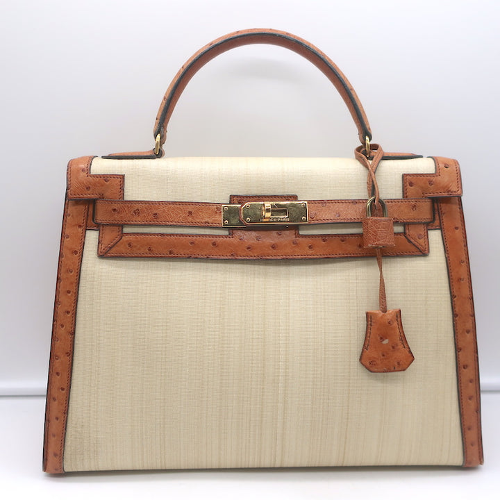 Vintage Hermes Kelly 32 Bag Crinoline Horse Hair &amp; Gold Ostrich Gold Hardware