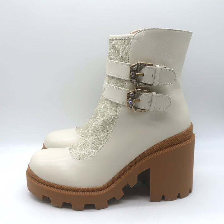 Gucci Kensington GG Supreme Crystal Buckle Boots Cream Canvas &amp; Leather Size 40