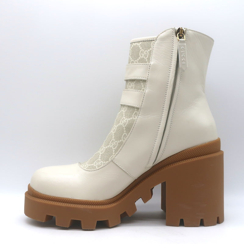 Gucci Kensington GG Supreme Crystal Buckle Boots Cream Canvas &amp; Leather Size 40
