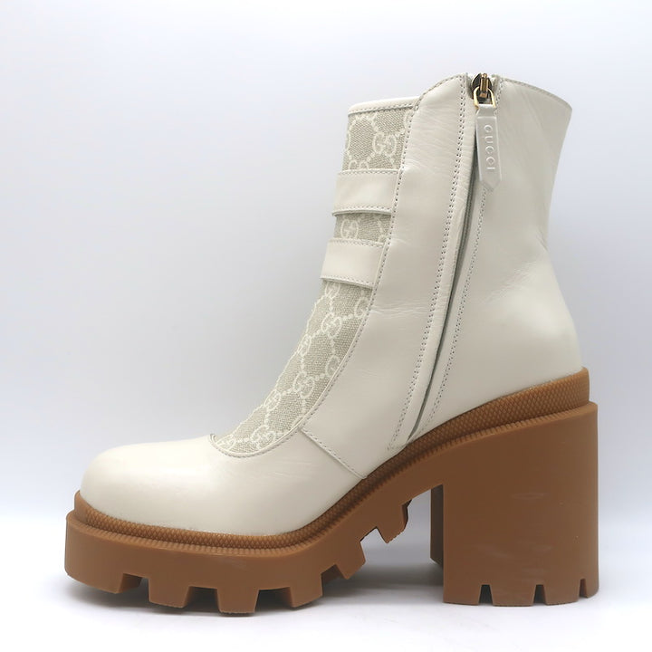 Gucci Kensington GG Supreme Crystal Buckle Boots Cream Canvas &amp; Leather Size 40